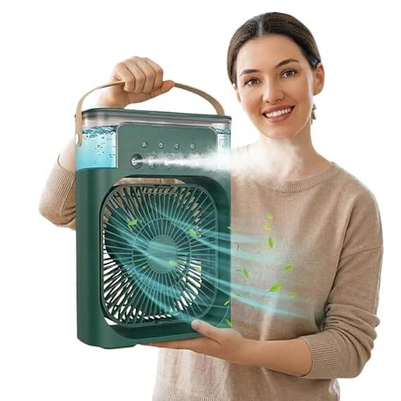 Portable Mini Air Cooler Fan with Humidifier, 3 Wind Speeds, 3 Spray Modes, 7 Color LED Light & Timer – Personal USB Desk AC for Room, Office, Travel